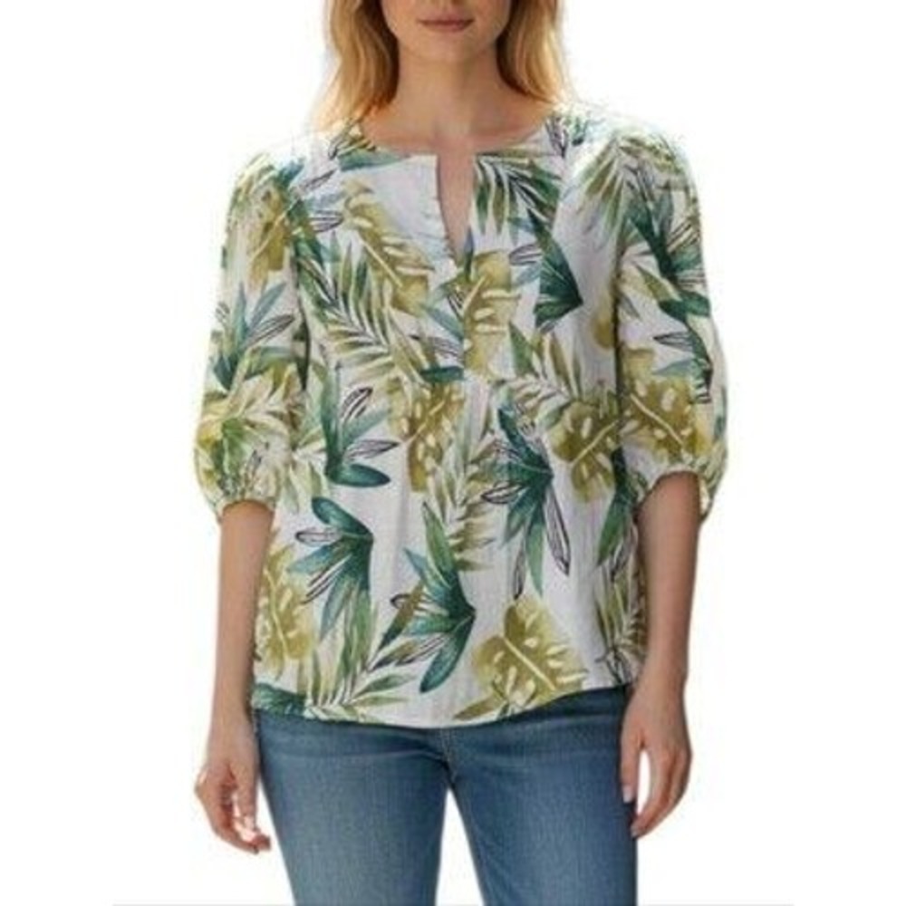 Sigrid Olsen Linen Blouse Size M Botanical Monstera Tropical Coastal
